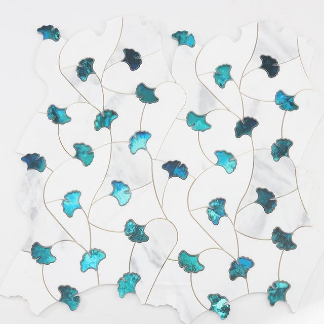 Marble Waterjet Flower Mosaic Tile And Teal Glass — mosaic hoa văn waterjet bằng đá marble tự nhiên