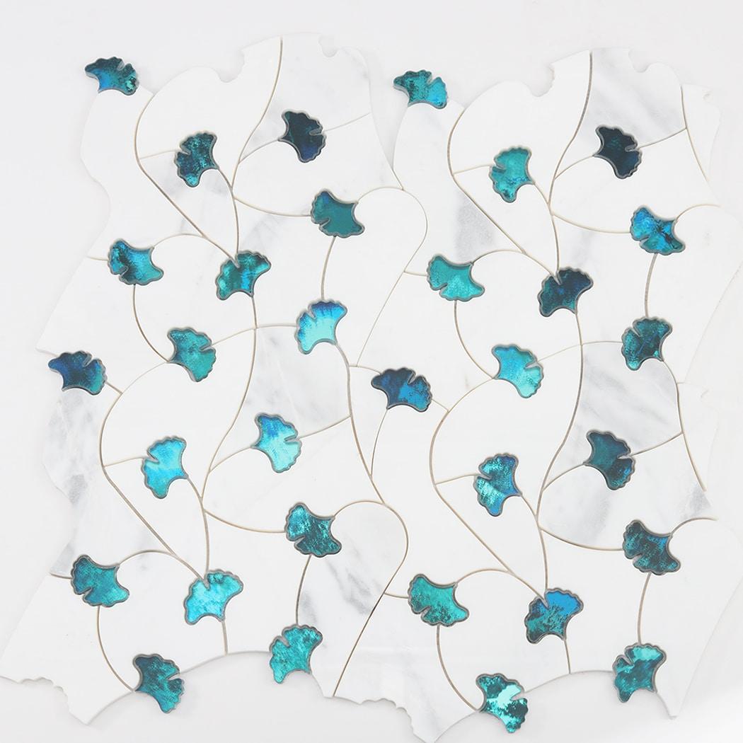 Marble Waterjet Flower Mosaic Tile And Teal Glass — mosaic hoa văn waterjet bằng đá marble tự nhiên
