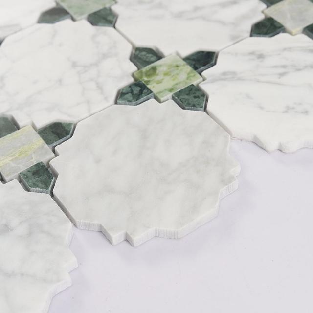 White and Green Marble Geometric Tile Kitchen Backsplash Mosaic — mosaic ghép nghệ thuật bằng đá marble trắng & xanh lục
