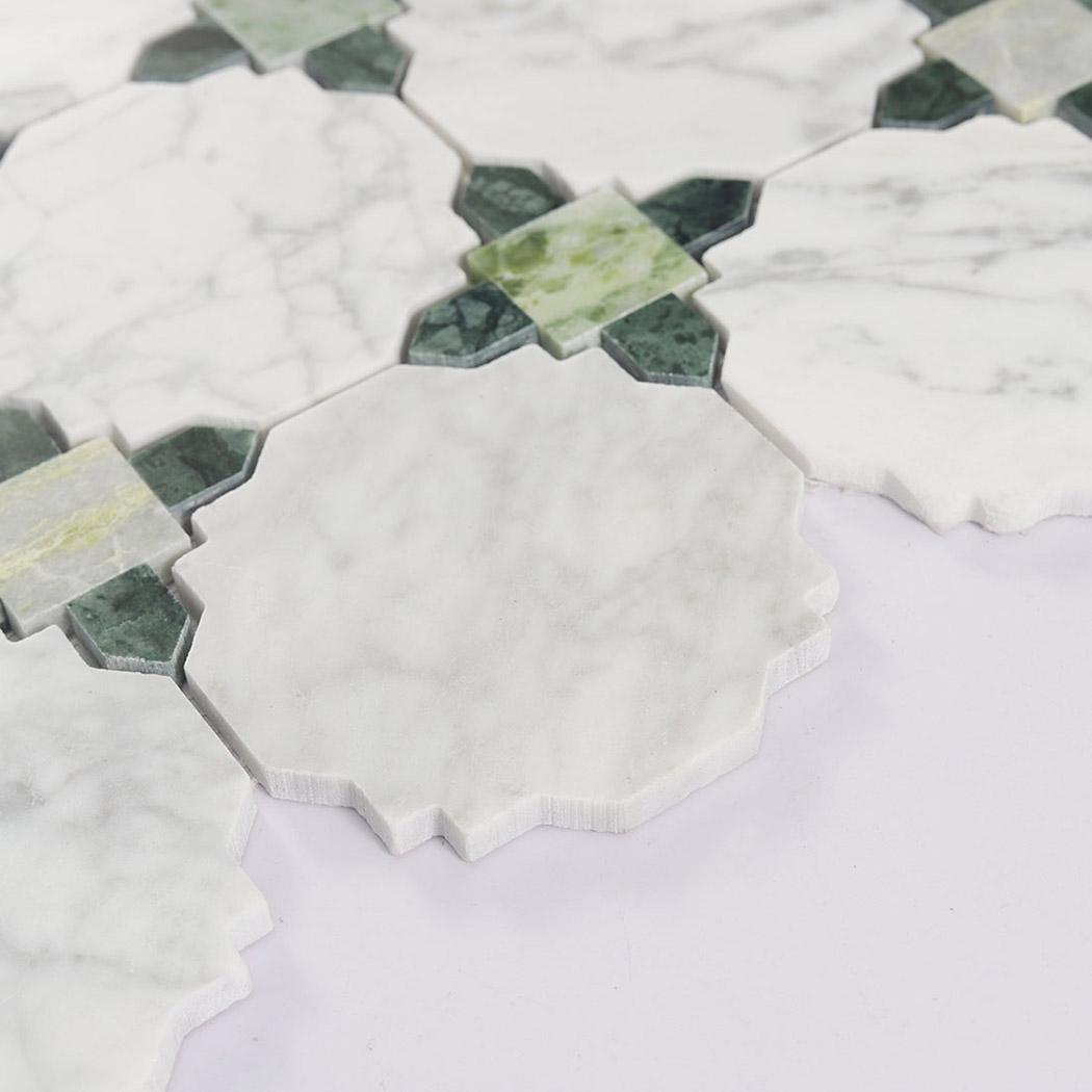 White and Green Marble Geometric Tile Kitchen Backsplash Mosaic — mosaic ghép nghệ thuật bằng đá marble trắng & xanh lục
