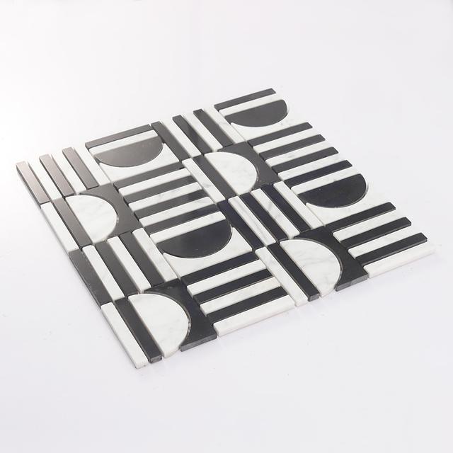 Black and White Geometric Marble Tile — mosaic ghép nghệ thuật bằng đá marble đen & trắng