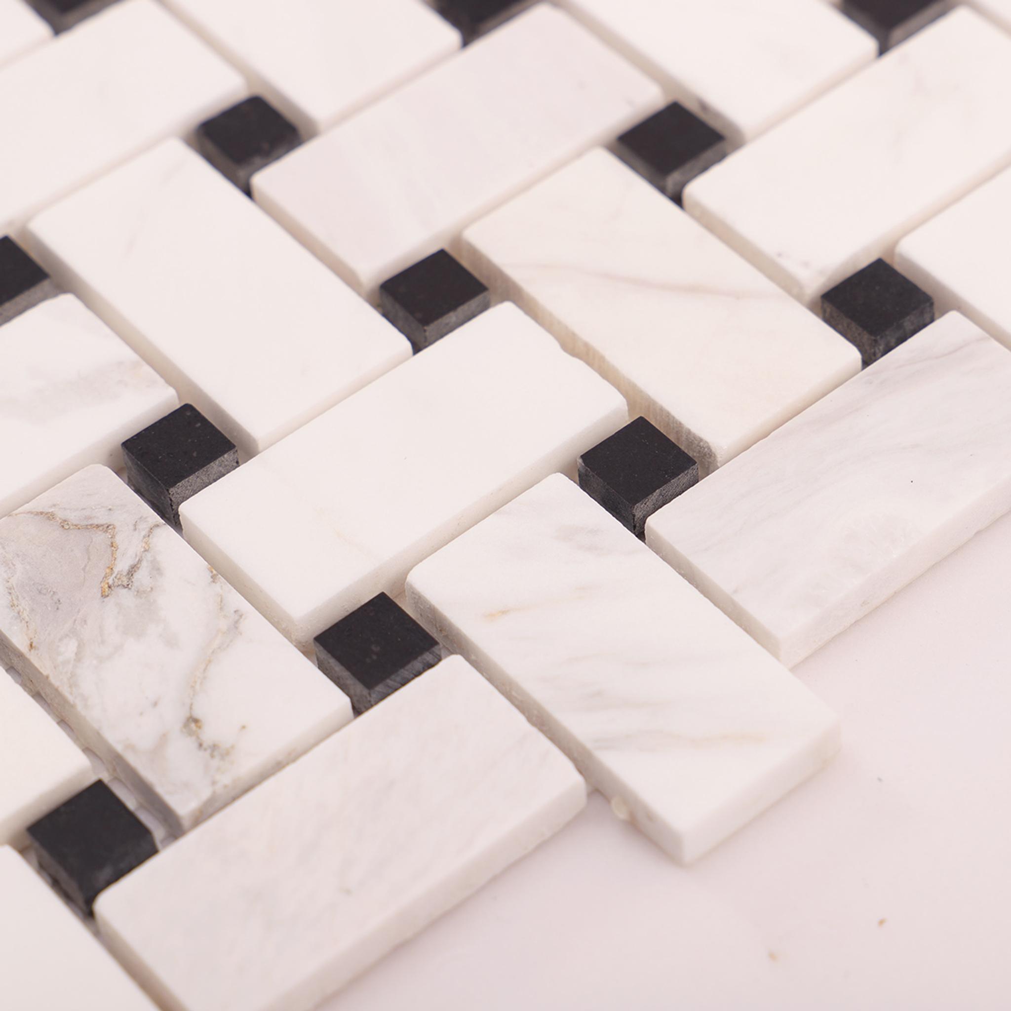 White & Black Basketweave Marble Mosaic Floor Tiles — mosaic đan rổ (basketweave) bằng đá marble đen & trắng