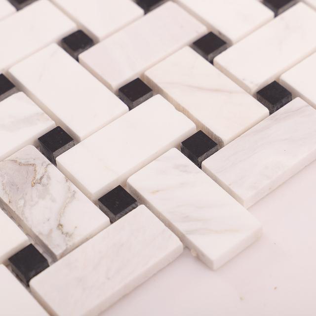 White & Black Basketweave Marble Mosaic Floor Tiles — mosaic đan rổ (basketweave) bằng đá marble đen & trắng