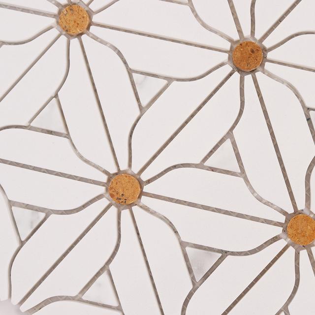 White and Gold Floral Pattern Marble Mosaic Tiles — mosaic hoa văn waterjet bằng đá marble trắng & vàng