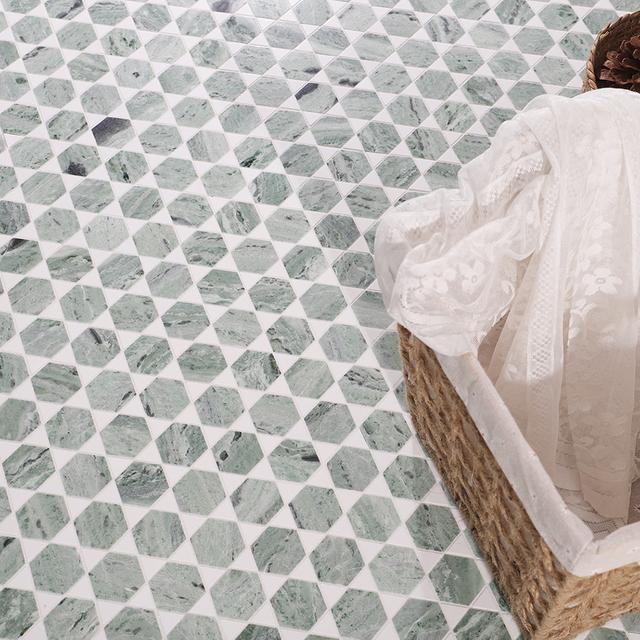 Green and White Geometric Marble Mosaic Tile — mosaic ghép nghệ thuật bằng đá marble trắng & xanh lục