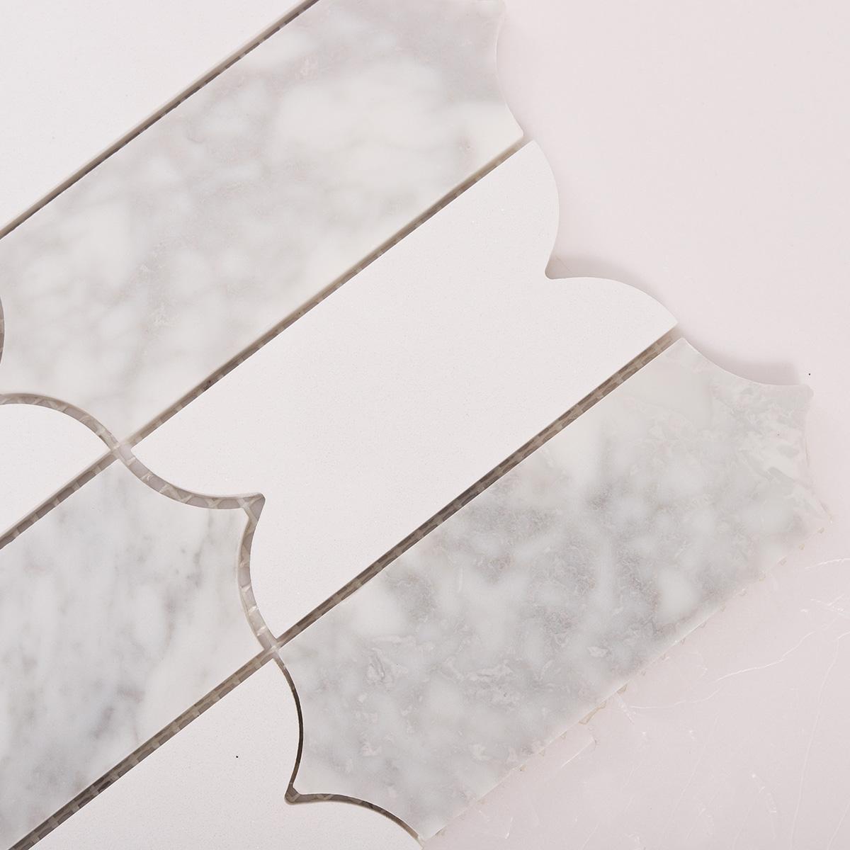 Scalloped Long Arabesque Mosaic Tile — mosaic vảy cá (fish scale) bằng đá marble trắng & trắng Carrara