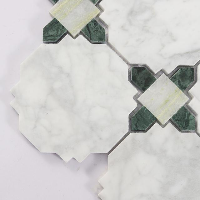 White and Green Marble Geometric Tile Kitchen Backsplash Mosaic — mosaic ghép nghệ thuật bằng đá marble trắng & xanh lục