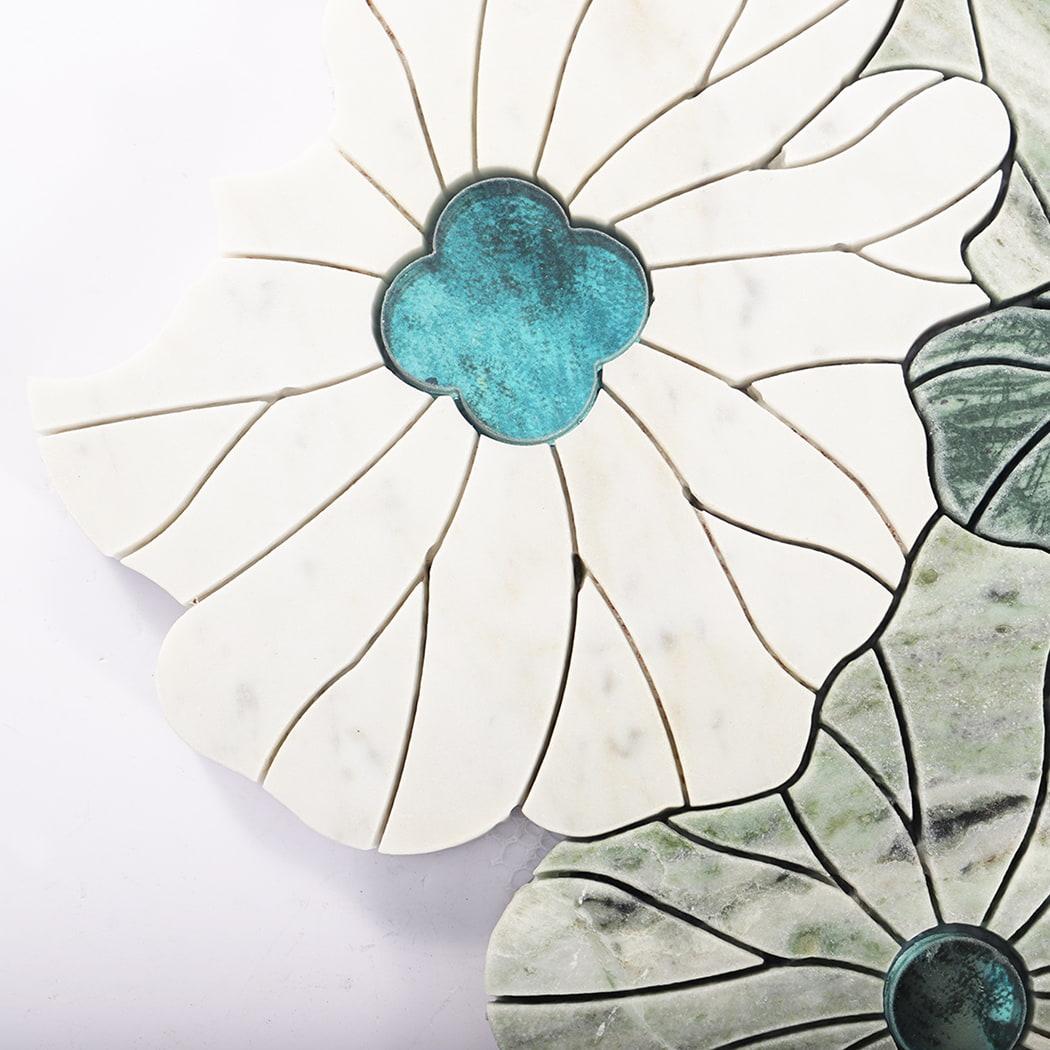 Green and White Floral Marble Mosaic Tile — mosaic hoa văn waterjet bằng đá marble trắng & xanh lục