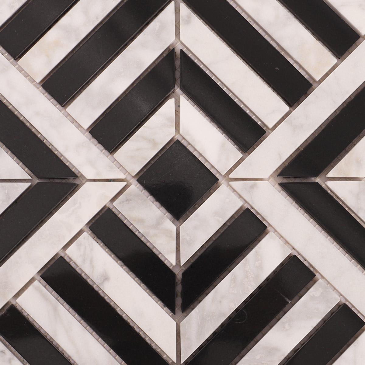 Carrara White and Black Geometric Marble Mosaic Tiles — mosaic ghép nghệ thuật bằng đá marble đen & trắng