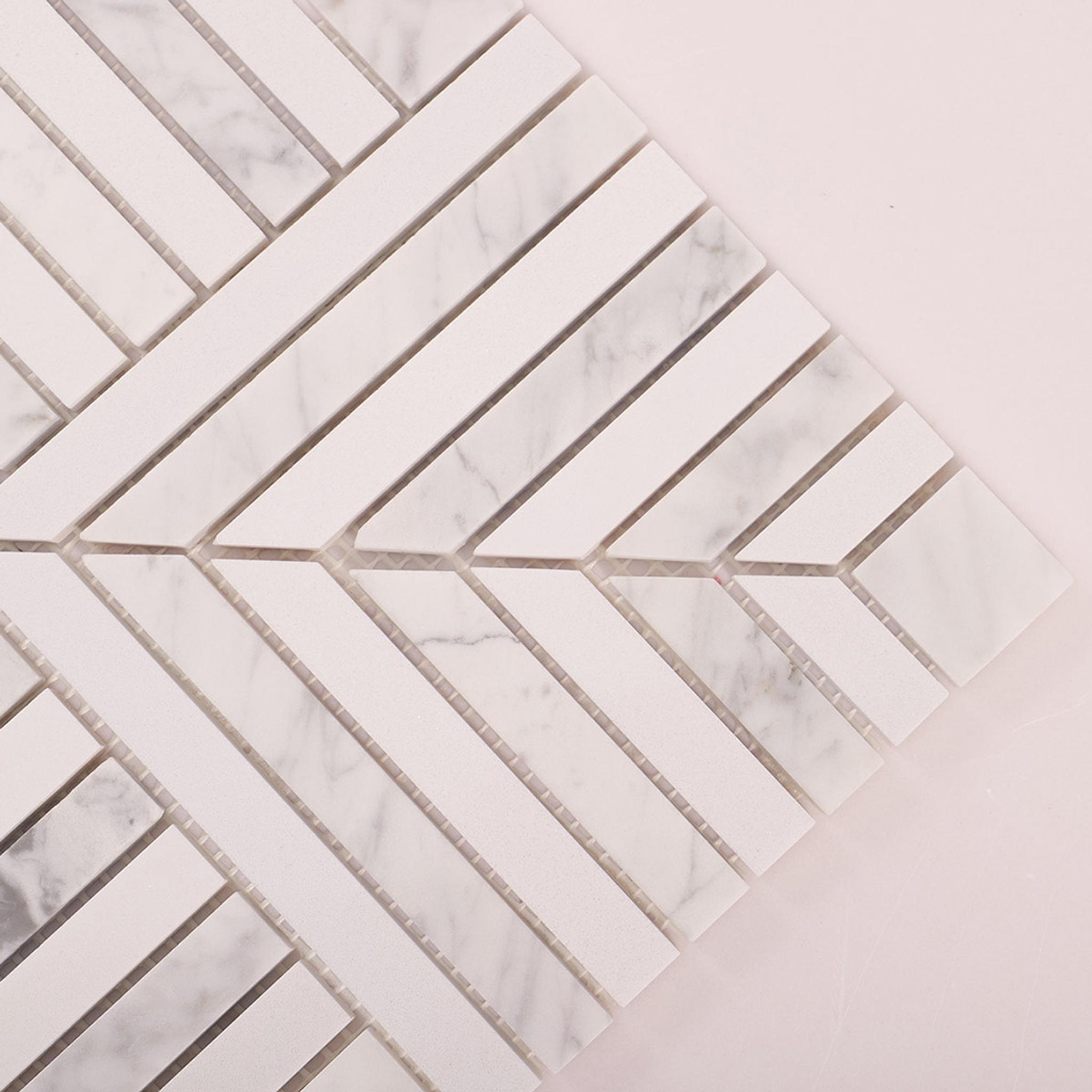Carrara White Geometric Line Marble Mosaic Tile — mosaic ghép nghệ thuật bằng đá marble trắng & trắng Carrara