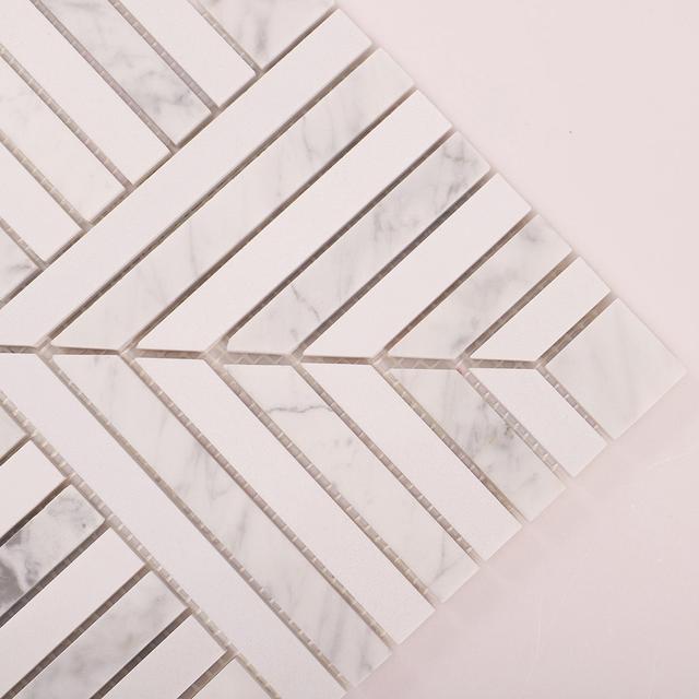 Carrara White Geometric Line Marble Mosaic Tile — mosaic ghép nghệ thuật bằng đá marble trắng & trắng Carrara