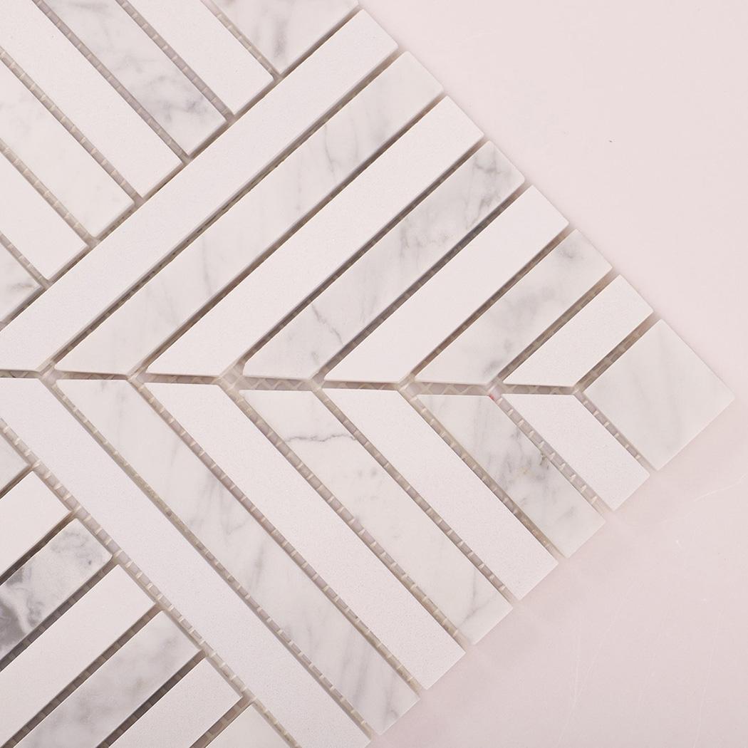 Carrara White Geometric Line Marble Mosaic Tile — mosaic ghép nghệ thuật bằng đá marble trắng & trắng Carrara