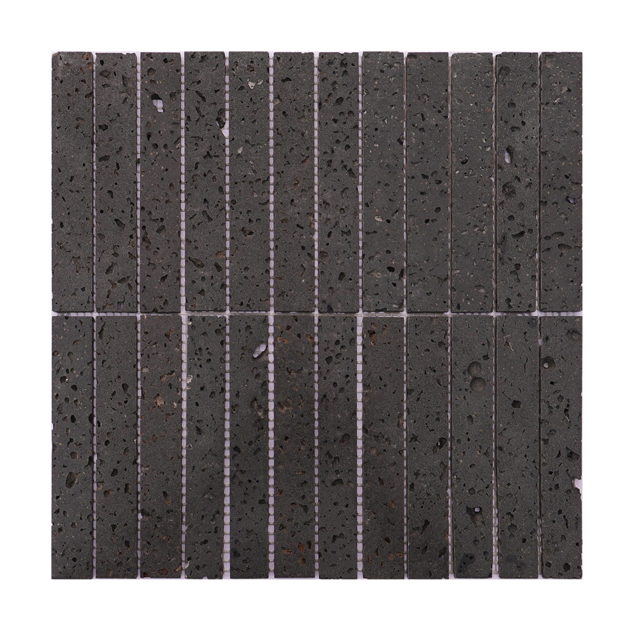 Black Long Rectangle Stacked Travertine Stone Mosaic Tiles — mosaic thanh dài (linear) bằng đá travertine đen