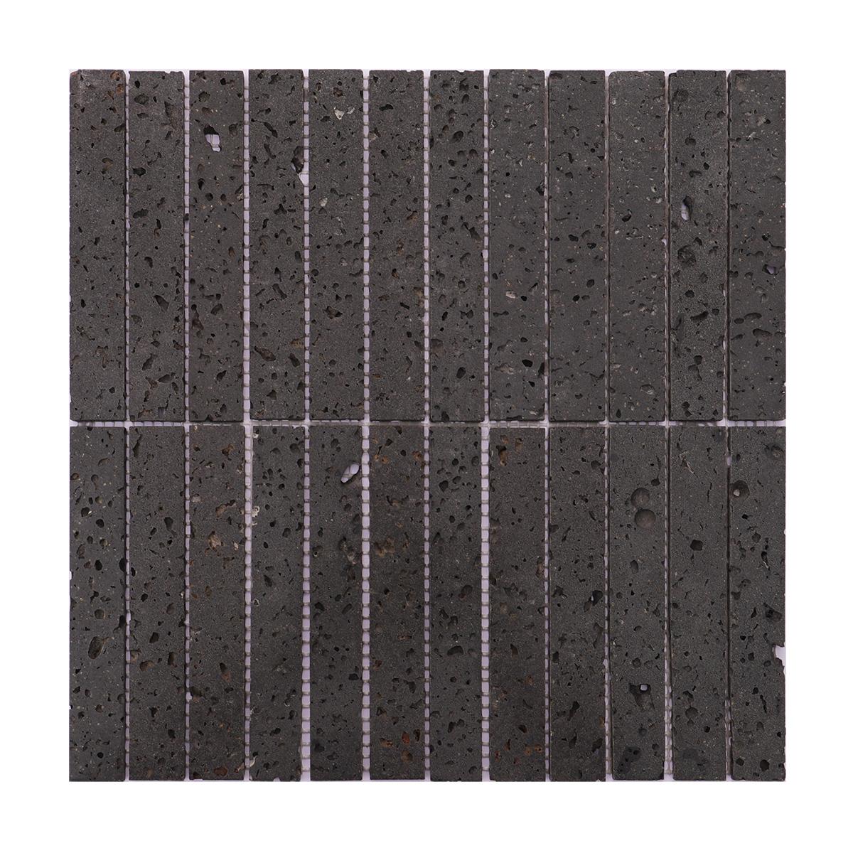 Black Long Rectangle Stacked Travertine Stone Mosaic Tiles — mosaic thanh dài (linear) bằng đá travertine đen