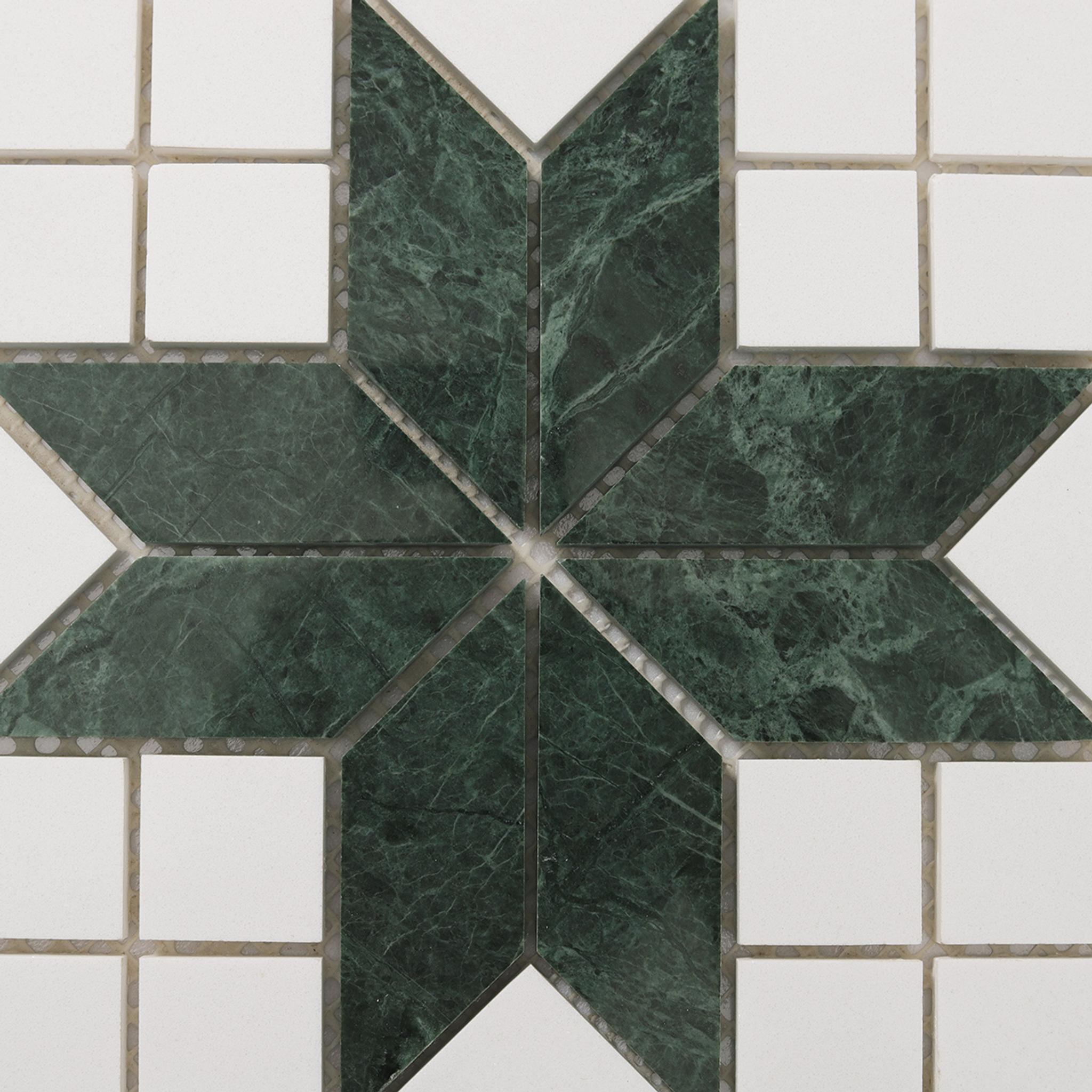 Green and White Star Marble Mosaic Tiles — mosaic ghép nghệ thuật bằng đá marble trắng & xanh lục