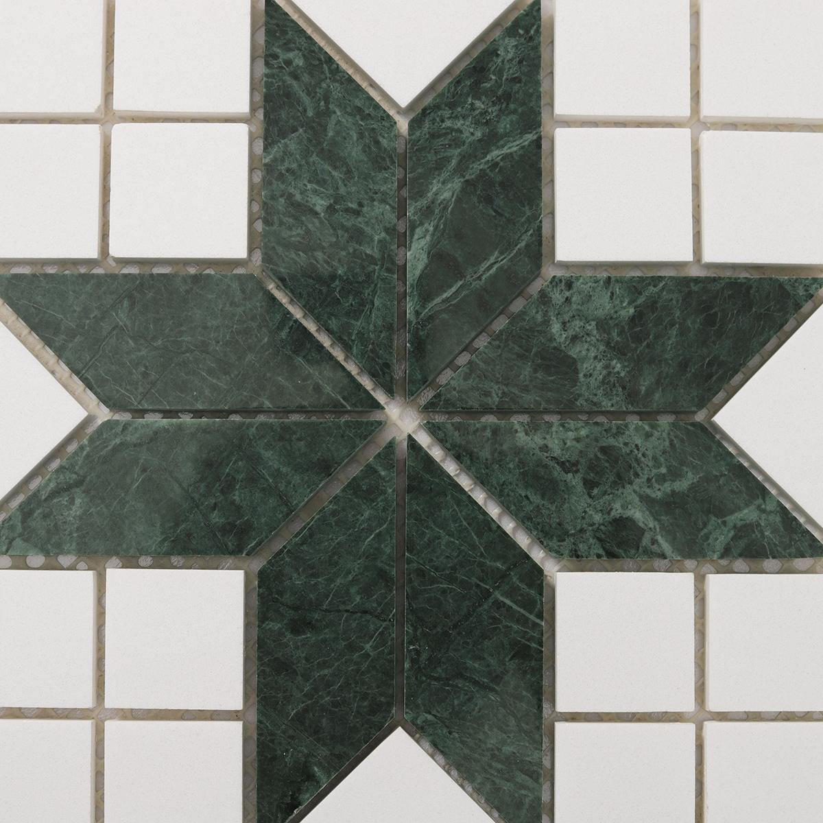 Green and White Star Marble Mosaic Tiles — mosaic ghép nghệ thuật bằng đá marble trắng & xanh lục