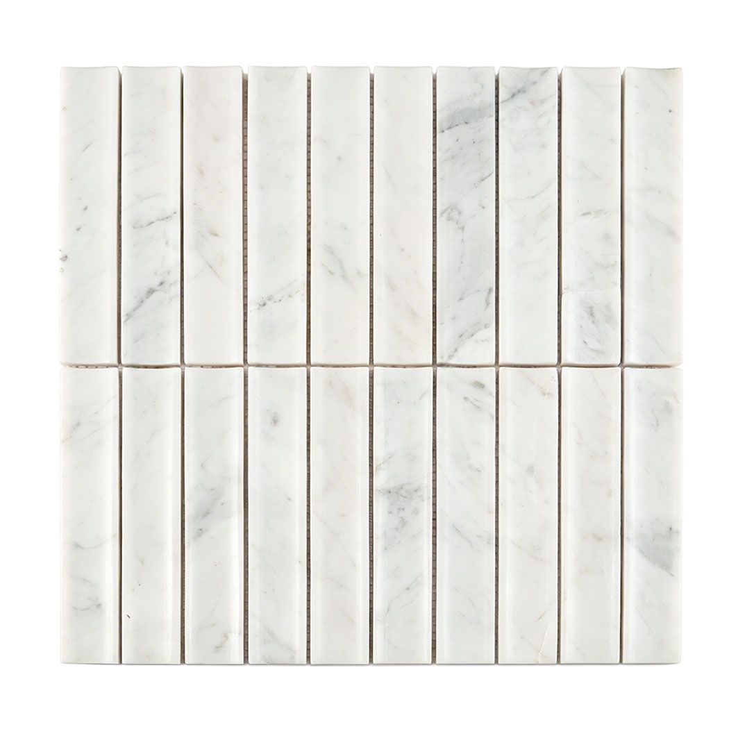 3D White Marble Curved Fluted Mosaic Bathroom Wall Tile — mosaic rãnh sọc (fluted) bằng đá marble trắng