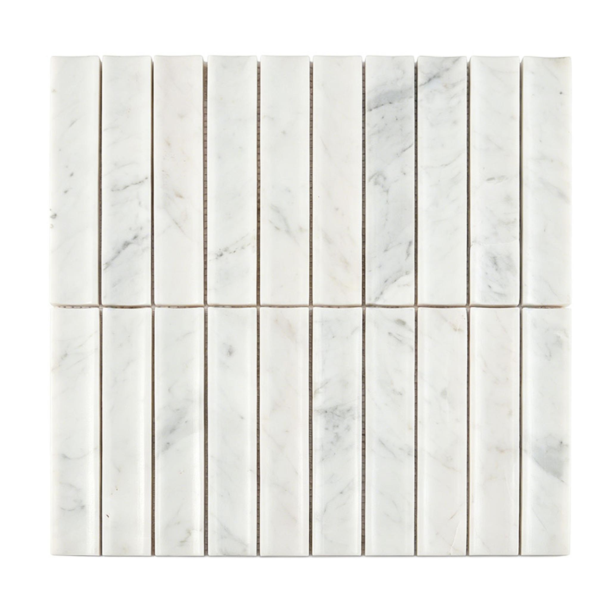 3D White Marble Curved Fluted Mosaic Bathroom Wall Tile — mosaic rãnh sọc (fluted) bằng đá marble trắng