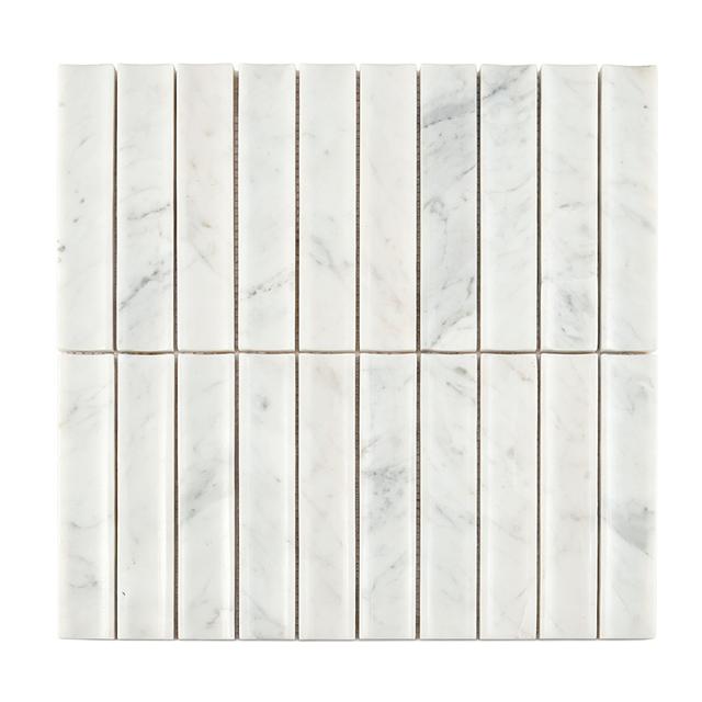 3D White Marble Curved Fluted Mosaic Bathroom Wall Tile — mosaic rãnh sọc (fluted) bằng đá marble trắng