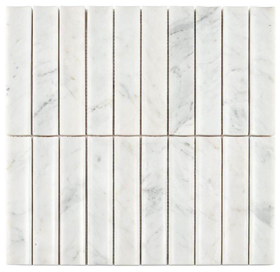 3D White Marble Curved Fluted Mosaic Bathroom Wall Tile — mosaic rãnh sọc (fluted) bằng đá marble trắng