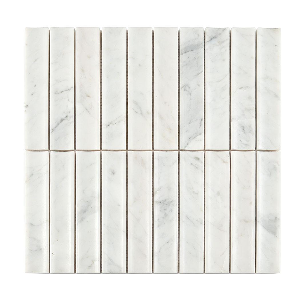3D White Marble Curved Fluted Mosaic Bathroom Wall Tile — mosaic rãnh sọc (fluted) bằng đá marble trắng