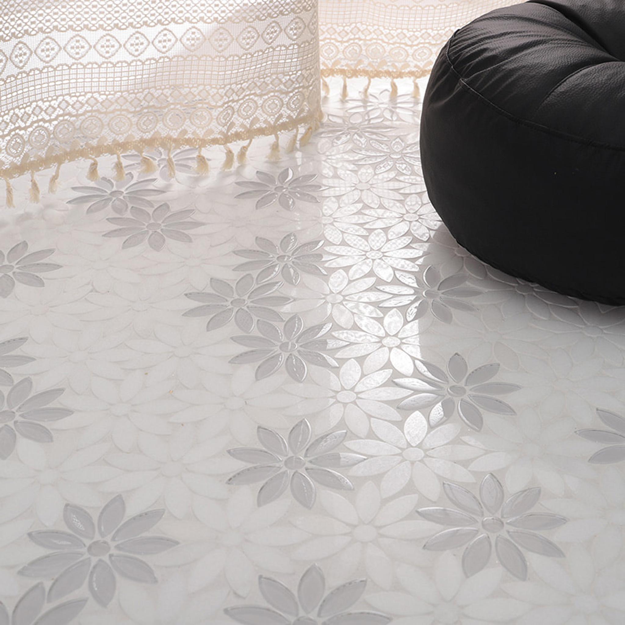 White Glass and Marble Daisy Flower Mosaic Tile for Wall and Floor — mosaic hoa văn waterjet bằng đá marble trắng