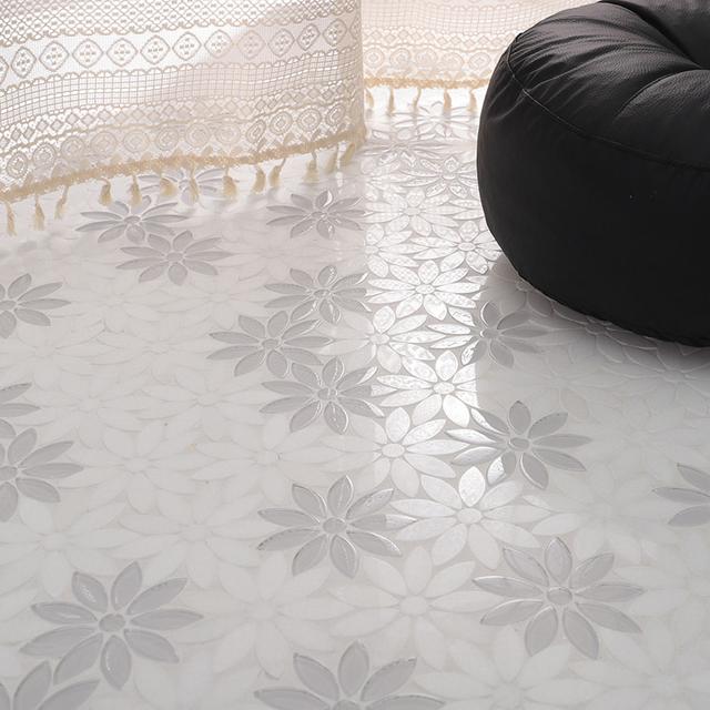 White Glass and Marble Daisy Flower Mosaic Tile for Wall and Floor — mosaic hoa văn waterjet bằng đá marble trắng