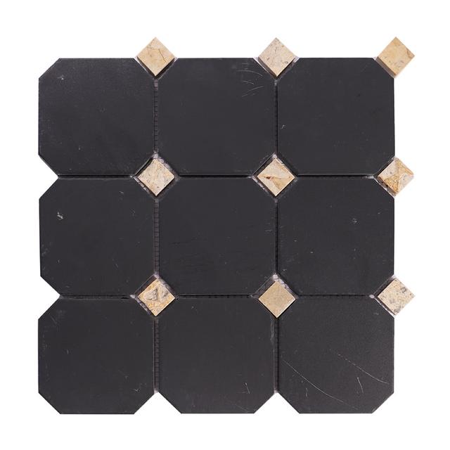 Black Octagon With Beige Square Accent Marble Tile Bathroom Mosaic — mosaic vuông bằng đá marble đen & beige