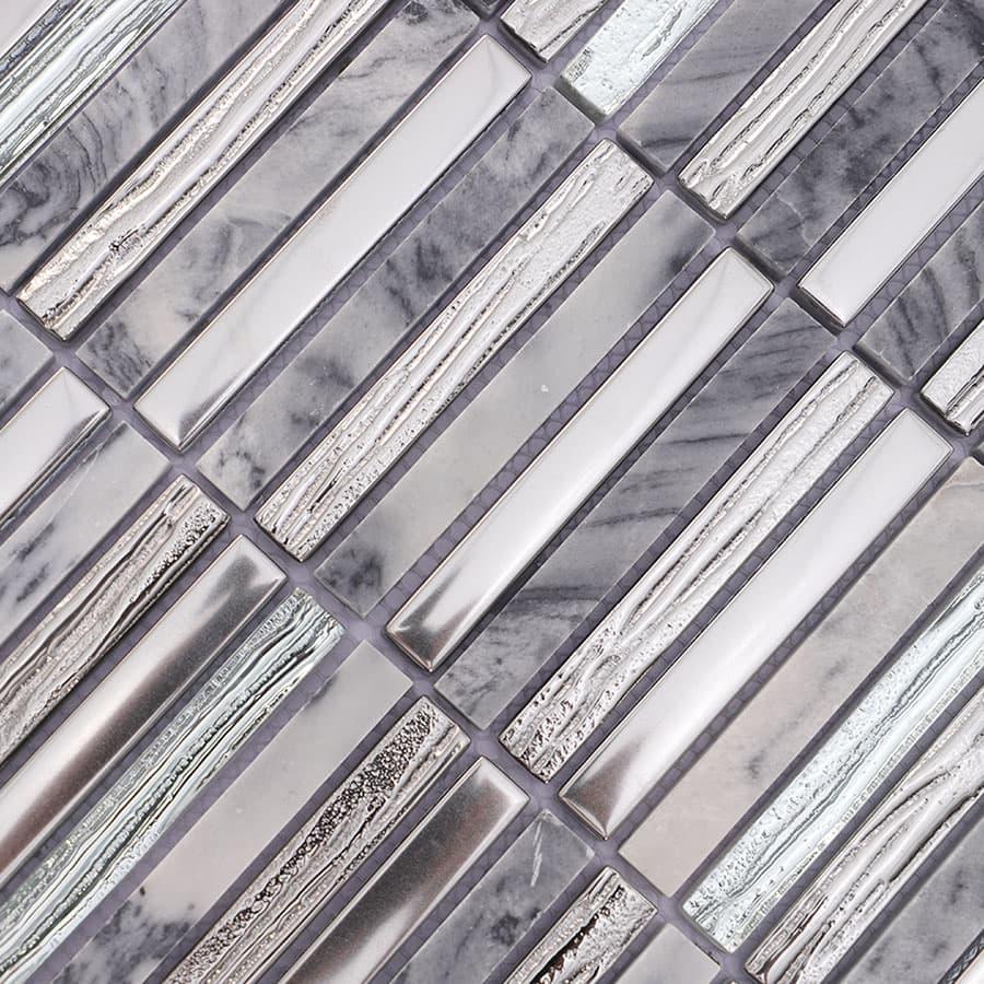 Silver Glass and Gray Marble Mosaic Linear Tile — mosaic thanh dài (linear) bằng đá marble xám & bạc