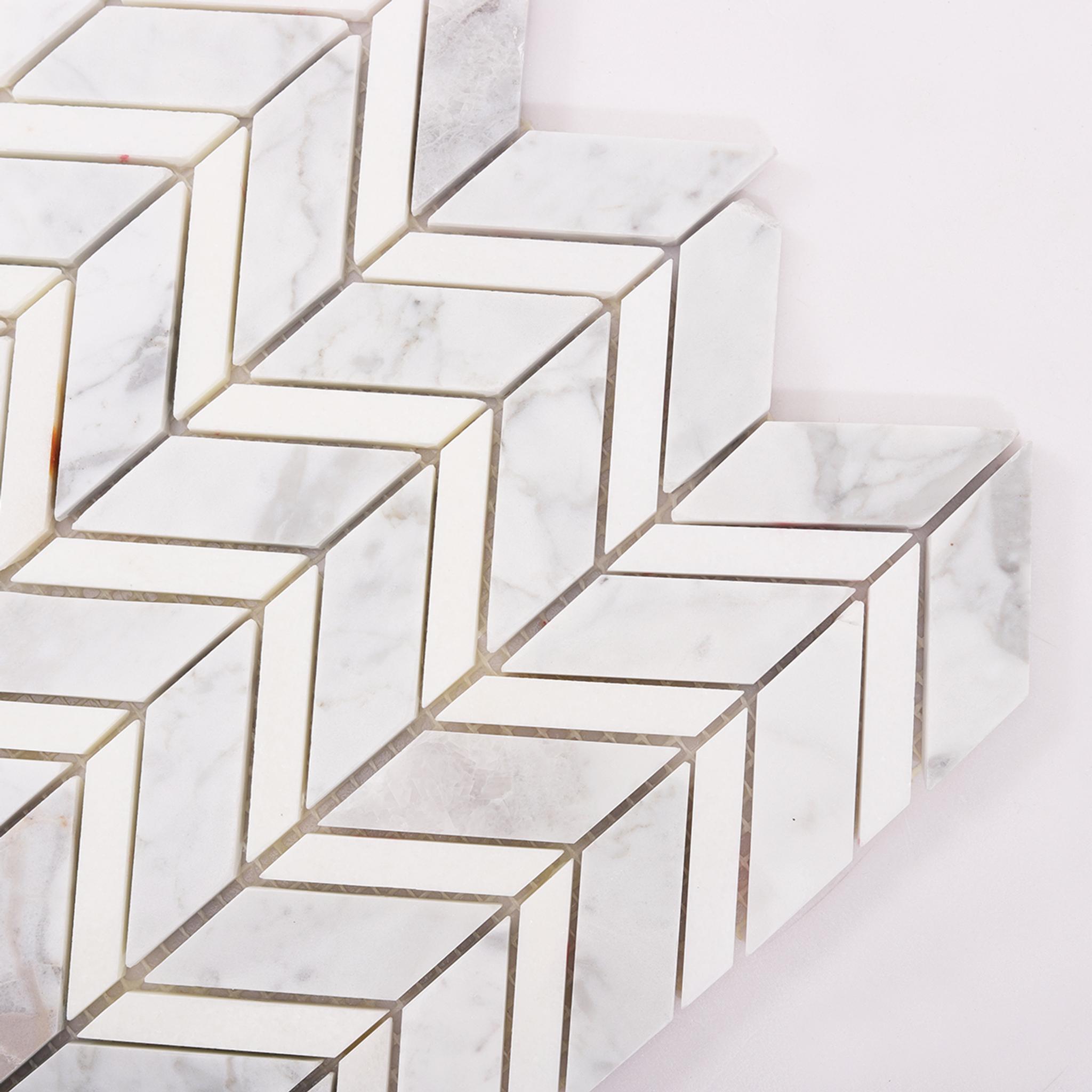 Carrara White Herringbone Marble Mosaic — mosaic xương cá bằng đá marble trắng Carrara