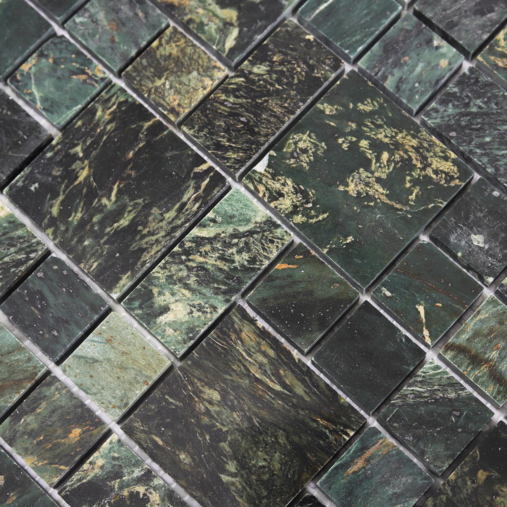 Dark Green Natural Marble Honed Mosaic Bathroom Tiles — mosaic ghép nghệ thuật bằng đá marble xanh lục