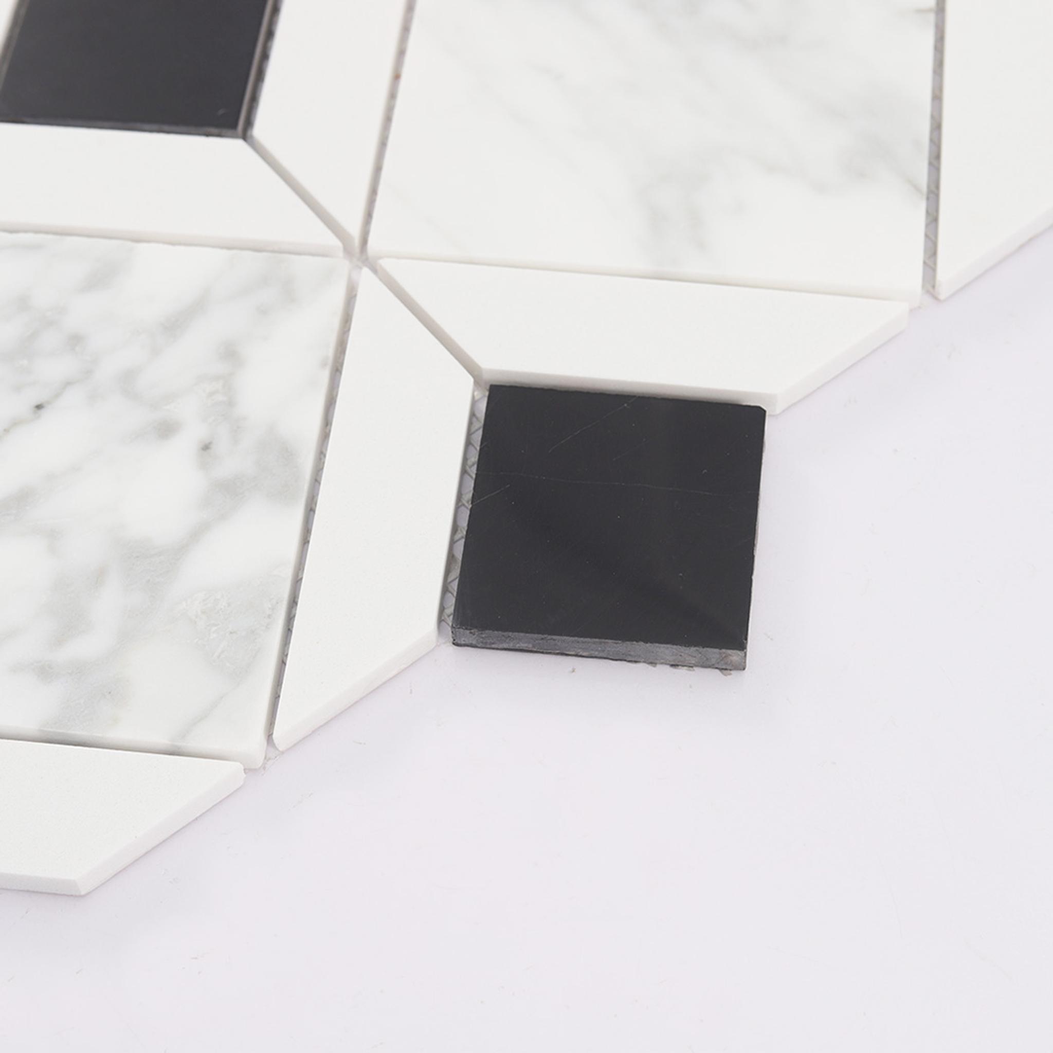 White Marble Geometric Mosaic Tile with Black Square Accents — mosaic vuông bằng đá marble đen & trắng
