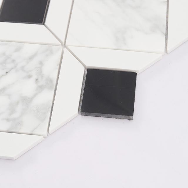 White Marble Geometric Mosaic Tile with Black Square Accents — mosaic vuông bằng đá marble đen & trắng