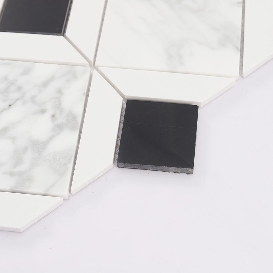 White Marble Geometric Mosaic Tile with Black Square Accents — mosaic vuông bằng đá marble đen & trắng