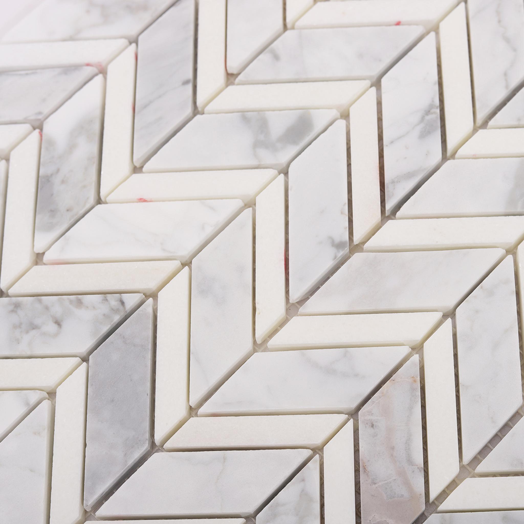 Carrara White Herringbone Marble Mosaic — mosaic xương cá bằng đá marble trắng Carrara