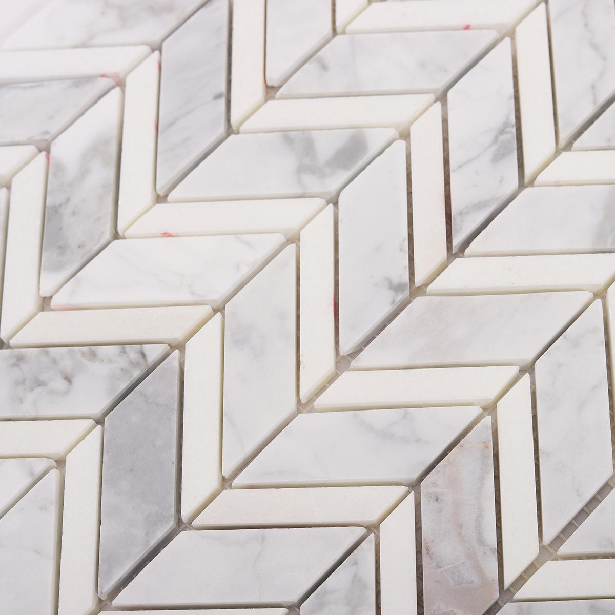Carrara White Herringbone Marble Mosaic — mosaic xương cá bằng đá marble trắng Carrara