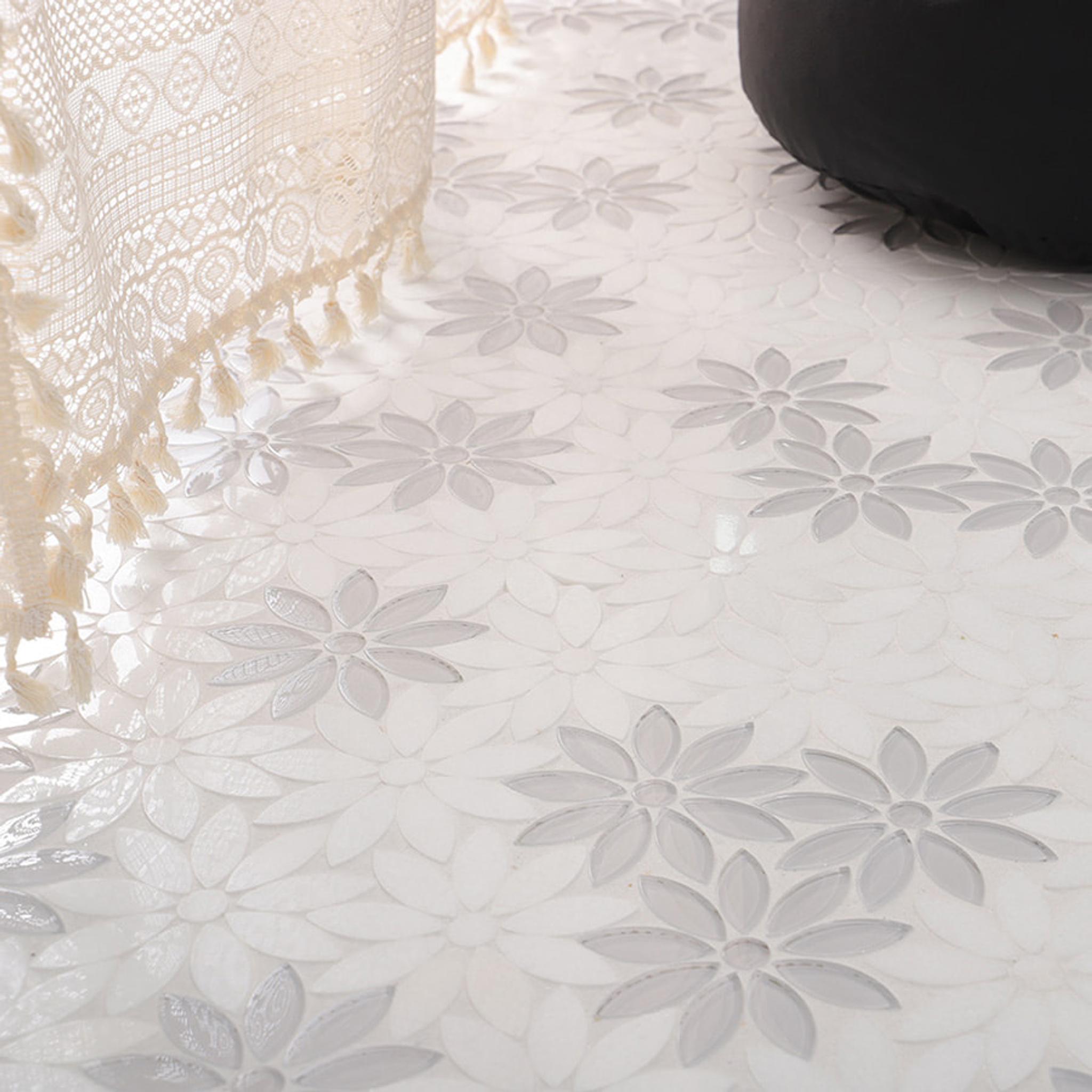 White Glass and Marble Daisy Flower Mosaic Tile for Wall and Floor — mosaic hoa văn waterjet bằng đá marble trắng