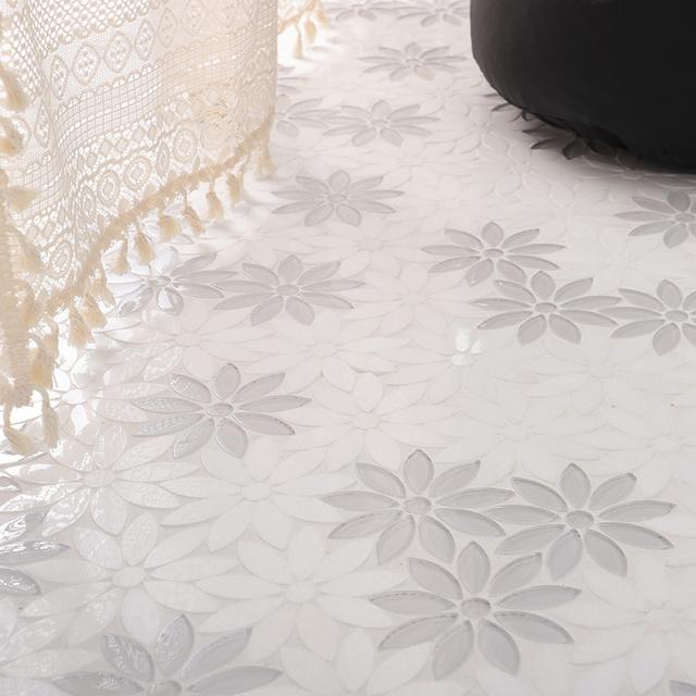 White Glass and Marble Daisy Flower Mosaic Tile for Wall and Floor — mosaic hoa văn waterjet bằng đá marble trắng