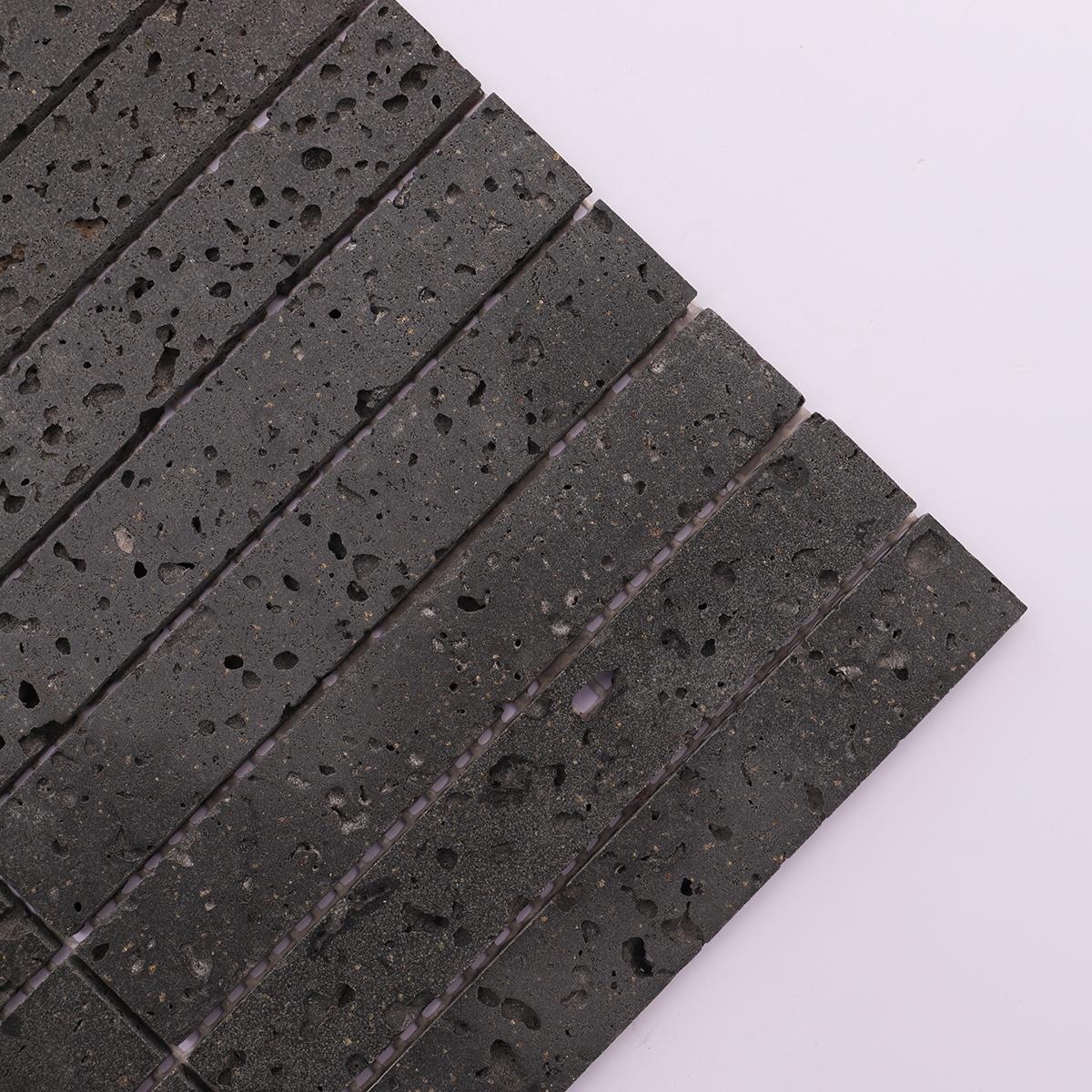 Black Long Rectangle Stacked Travertine Stone Mosaic Tiles — mosaic thanh dài (linear) bằng đá travertine đen