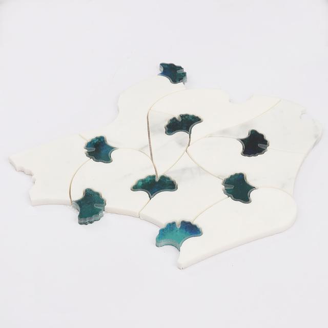 Marble Waterjet Flower Mosaic Tile And Teal Glass — mosaic hoa văn waterjet bằng đá marble tự nhiên