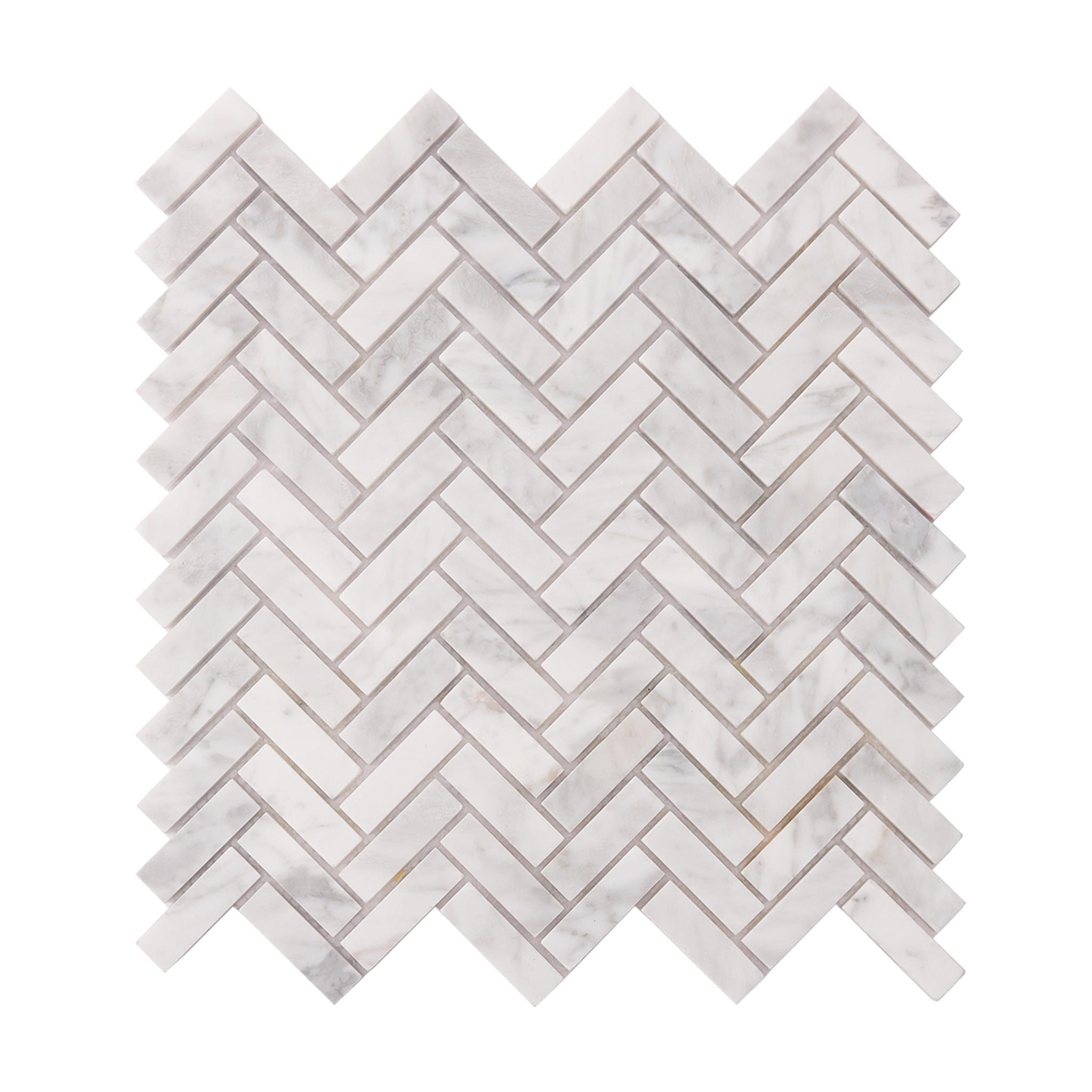 Carrara White Herringbone Polished Marble Mosaic — mosaic xương cá bằng đá marble trắng Carrara