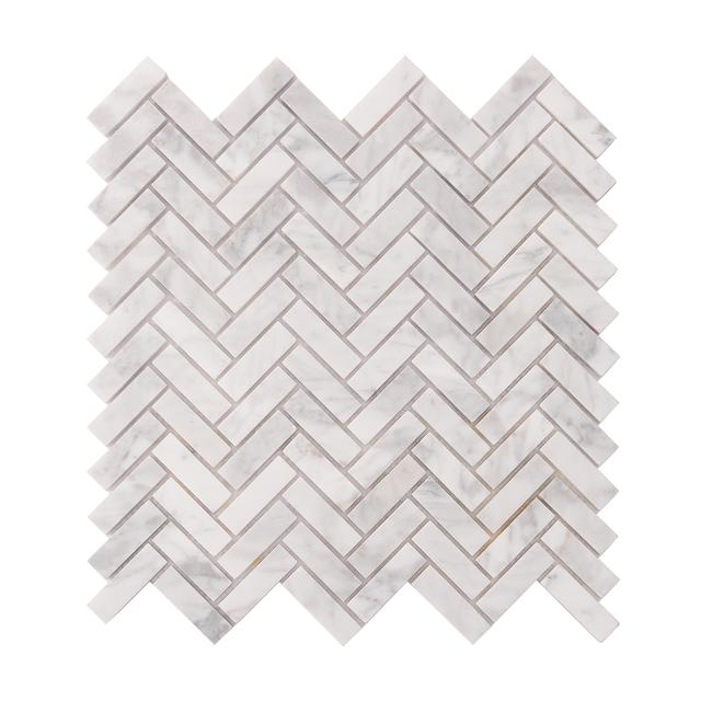 Carrara White Herringbone Polished Marble Mosaic — mosaic xương cá bằng đá marble trắng Carrara