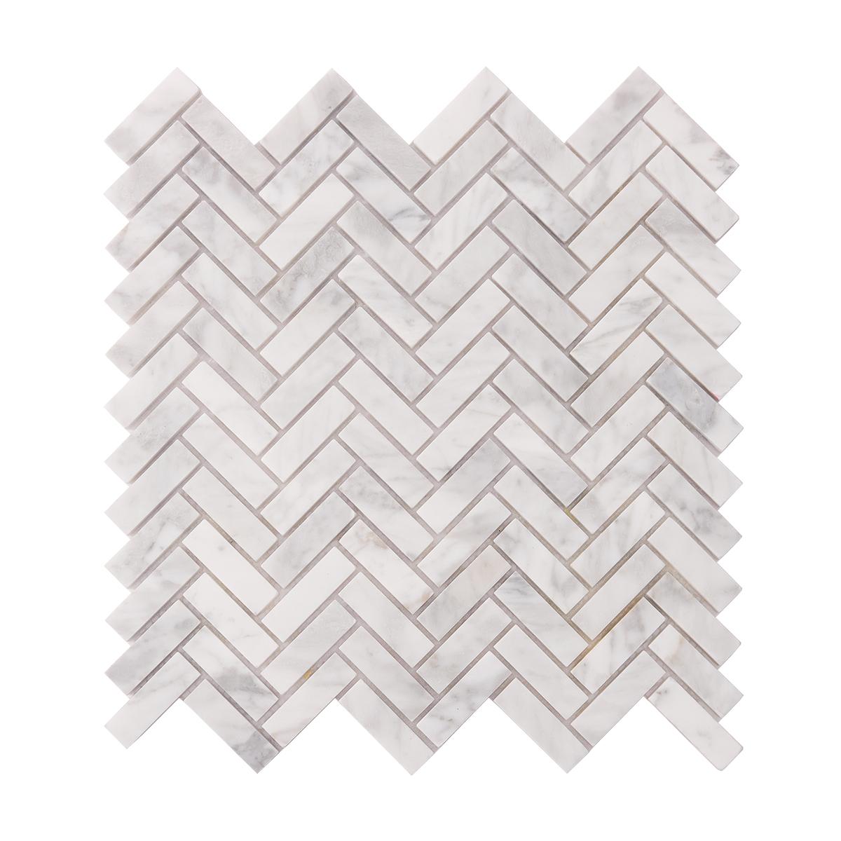 Carrara White Herringbone Polished Marble Mosaic — mosaic xương cá bằng đá marble trắng Carrara