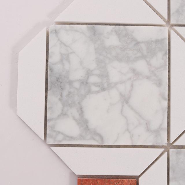Octagon Carrara and Red Marble Mosaic Tiles — mosaic ghép nghệ thuật bằng đá marble trắng & đỏ
