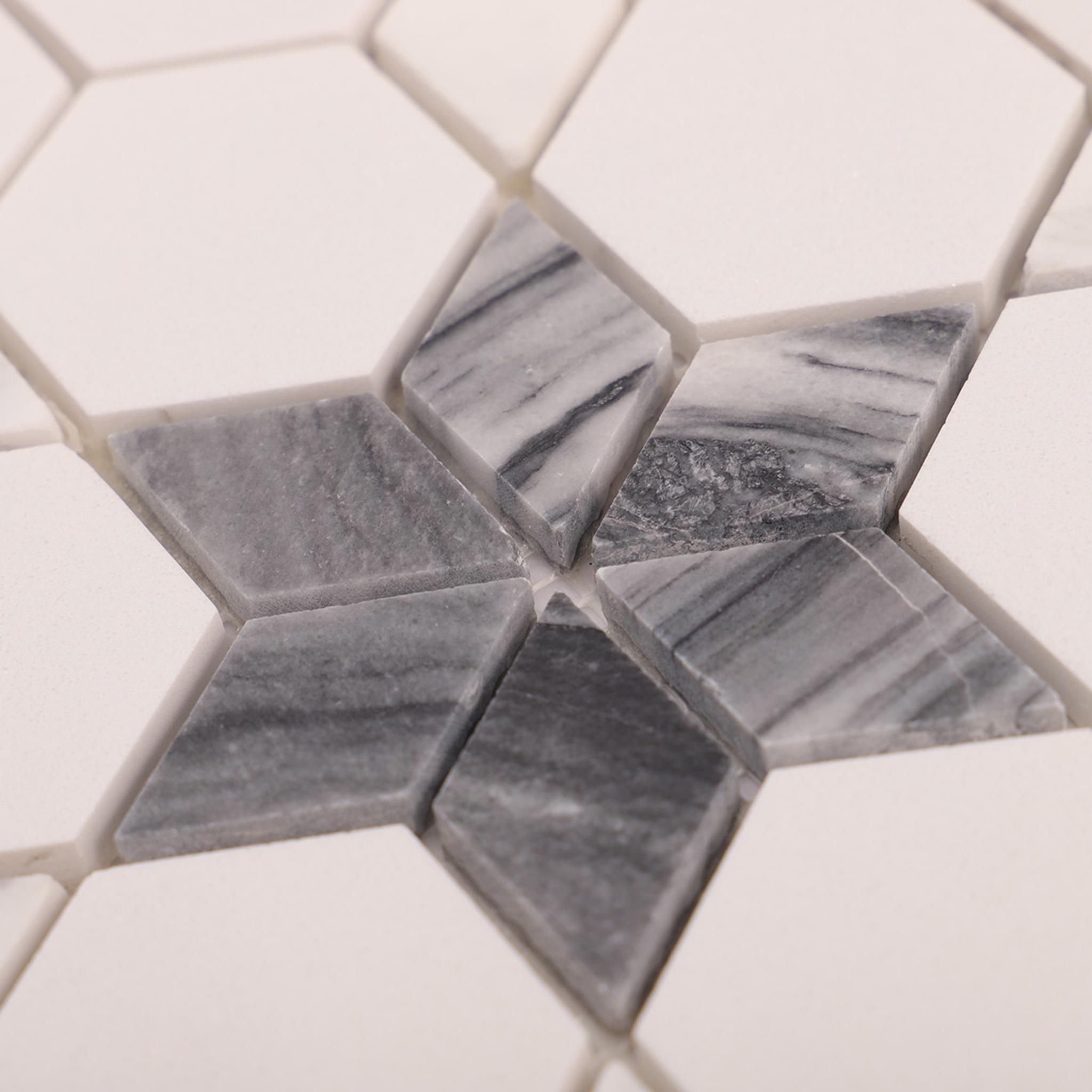 Hexagon White and Gray Marble Mosaic Tiles — mosaic lục giác bằng đá marble trắng & xám