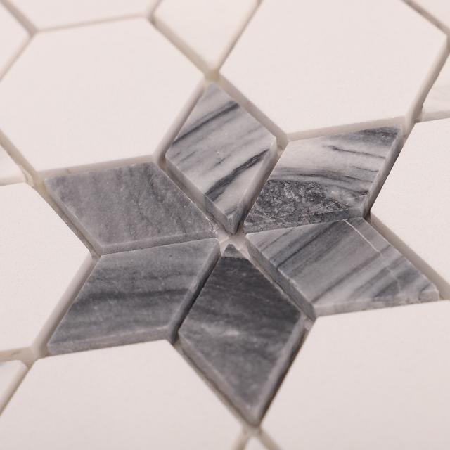 Hexagon White and Gray Marble Mosaic Tiles — mosaic lục giác bằng đá marble trắng & xám