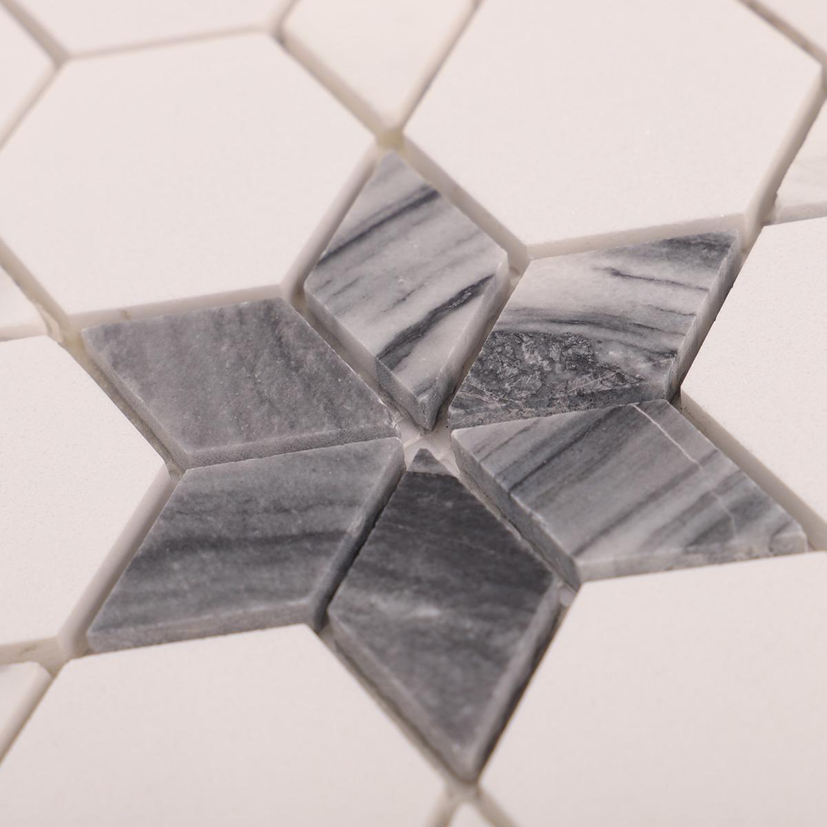 Hexagon White and Gray Marble Mosaic Tiles — mosaic lục giác bằng đá marble trắng & xám