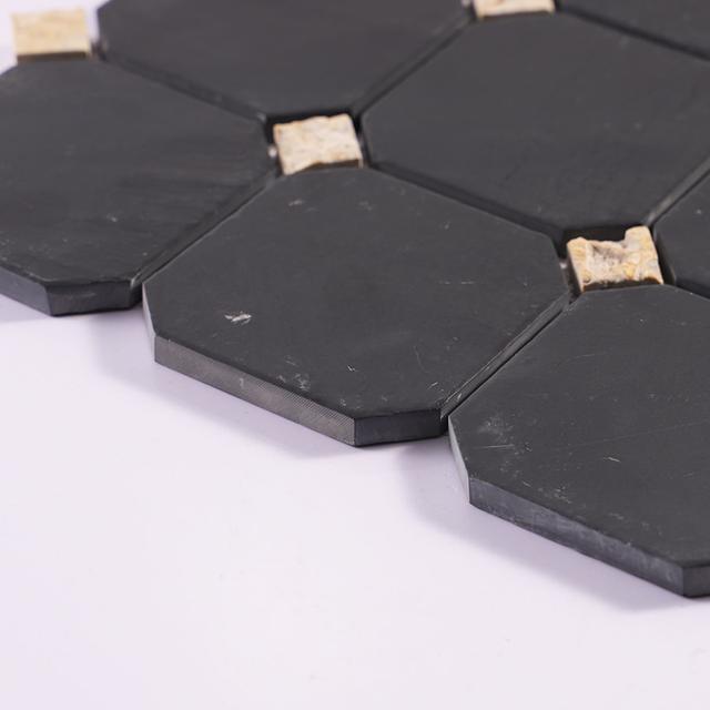 Black Octagon With Beige Square Accent Marble Tile Bathroom Mosaic — mosaic vuông bằng đá marble đen & beige