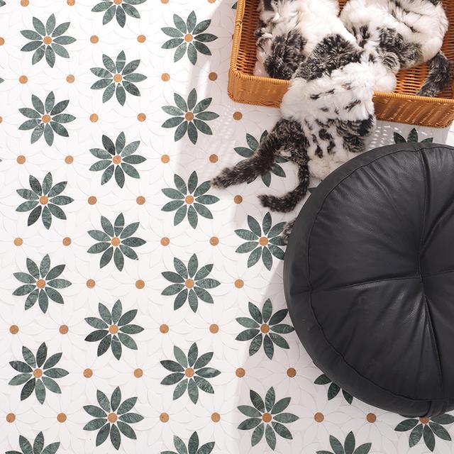 Empress Green and White Daisy Flower Marble Mosaic Tile — mosaic hoa văn waterjet bằng đá marble trắng & xanh lục