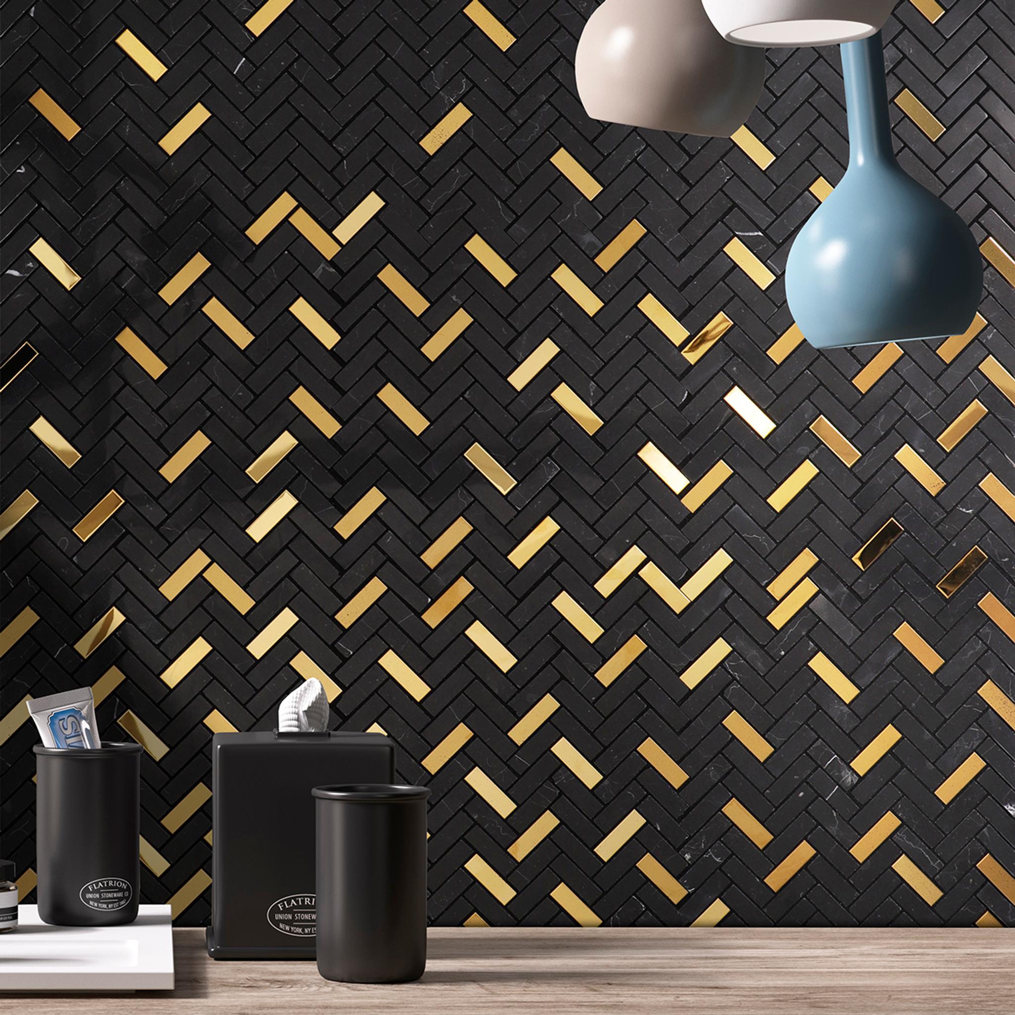 Luxury Black and Gold Marble Bathroom  Gradient Mosaic Tiles — mosaic xương cá bằng đá marble đen & vàng